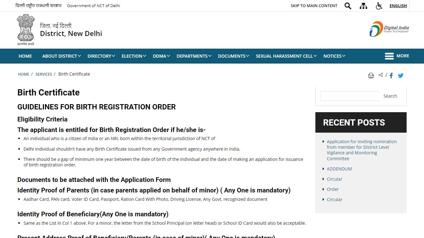 Birth Certificate | District New Delhi, Government of NCT of Delhi | India